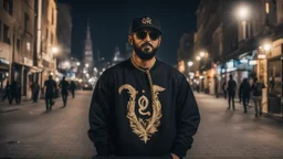 a single man, an Arab from the Middle East, he has a beard, who wears a gold chain, with a t-shirt marked ODK, wears a black baseball jacket with the mark ODK, which bears black sunglasses, with a black baseball cap with the initials branded ODK. at night, in the city center, at night.