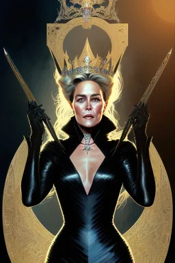 painting of Sharon Stone as evil queen in black leather gown, feminie, angry, stern look on her face, emperious, highly detailed, digital painting, artstation, concept art, smooth, sharp focus, illustration, art by gaston bussiere and alphonse mucha