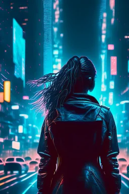 woman from the back silhouetted by neon lights facing night futuristic city in photorealistic style, cyberpunk, ice blue neon signs, street level view, raytracing, depth of field, cinematic, highly detailed, rim lighting