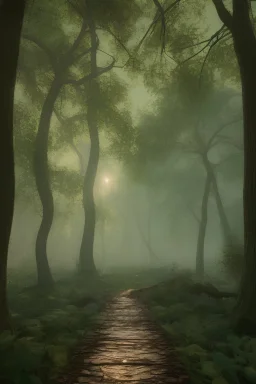 forest trail, teal mushrooms, dusk beside a lake