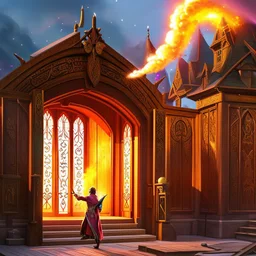 Half opened massive wooden door with lots of engraved magical symbols. Colorfull magical smoke coming out of the door opening. Harry Potter. Magical. Epic. Dramatic, highly detailed, digital painting, masterpiece