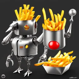 a nice juicy small cyborg chicken robot with french fries on a big black plate
