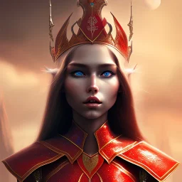  mighty queen elf, red armour, realistic, HD4k, watery cloud background, deep red eyes, close up shot