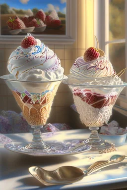 Beautiful ice-cream sundaes on a modern kitchen counter, on embroidered lace, Hyper realistic, oil on canvas award winning fantastic view ultra detailed acrylic art Ultra realistic Impressionism Surrealism simen johan, sharp focus intricate oil on canvas cinematic lighting photorealistic high detail ultra detailed crisp quality in sunshine