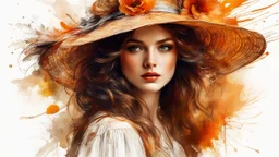 Vintage art, brown and orange shades, sunny day, straw hat for woman, summer dress, splashes of art, in the style of Dante Gabriel Rossetti, Yossi Kotler, Camilla D'Errico, masterpiece, fine art in the style of Carne Griffiths, Paula Hoppe