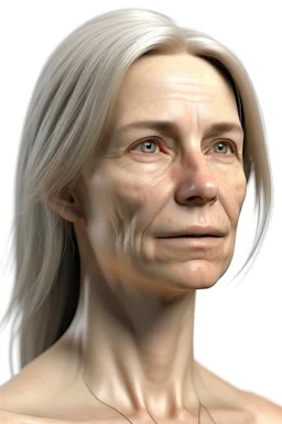 realistic, (39yr old female)without makeup, Caucasian beautiful face, angled head position, dark hair, studio lighting, cinematic light, beautiful woman, milk beige middle hair, perfect anatomy, on white background, 8k Resolution, highly detailed, non-symmetrical body a, detailed hairstyles and skin texture