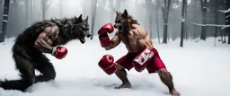 photo shoot of self aware werewolf boxing with shadow creature in ice cream and snow