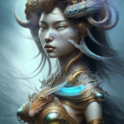 Sango fantasy, fantasy magic, intricate, sharp focus, illustration, highly detailed, digital painting, concept art, matte, art germ and Paul Lewin and Kehinde Wiley, masterpiece Indonesian lady head bronze lionfish Asian African girl nice breast Thai hair turquoise silver blue waves