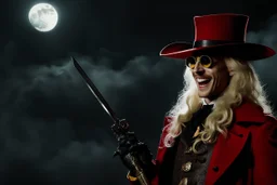 Still frame of Tom Hiddleston as Alucard from the live action "Hellsing" movie based on the anime of the same name. He is wearing his signature red hat and yellow glasses, while laughing in the moonlight.