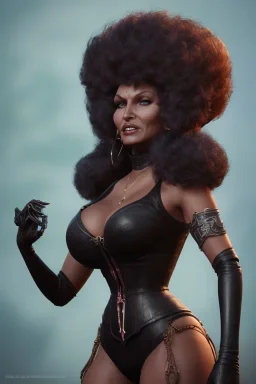 Pam Grier as evil queen in black leather, leather, busty, cleavage, angry, stern look. character design by cory loftis, fenghua zhong, ryohei hase, ismail inceoglu and ruan jia. unreal engine 5, artistic lighting, highly detailed, photorealistic, fantasy