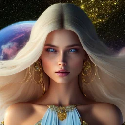  full body white goddess woman glitter smiling long blond hair blue eyes in a galactic ambiance, delicate colors in the foreground, full of details, smooth, light effect，vaporwave colorful, smooth, extremely sharp detail, finely tuned detail, ultra high definition, 8 k, ultra sharp focus