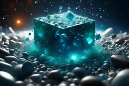 epic 4k professional photograph of immovable cube pebble ecosystem physically colliding with unstoppable kinetic energy force traveling in multiverse, florescent