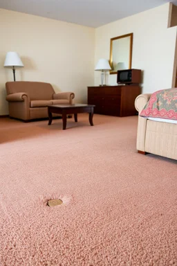 cheap motel room floor, furniture dents in carpet, showing where furniture had been moved from