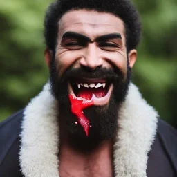 Muscular vampire with muslim beard, afro, and vampire teeth