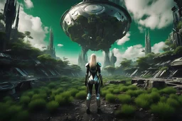 Wide angle photo of a sci-fi woman with blond hair, silver and black futuristic spacesuit looking android-like, standing on a derelict alien jungle planet with cloud trees in multiple green hues