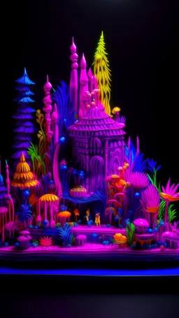 A neon purple fairy kingdom made out of candy painted by Henri Rousseau