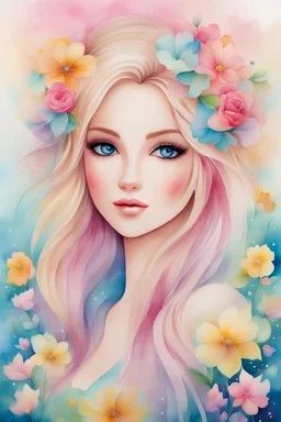 Watercolor style, watercolor painting of a girl with beautiful flowers, barbie girl, fantasy art, sparkles background, glow, beautiful face, young girl, watercolor background, vibrant watercolor painting, by Jeremiah Ketner, dream, illustration art, watercolor painting, very beautiful painting, beautiful watercolor painting, colorful watercolor, romanticism painting, fine art, dynamic, high quality