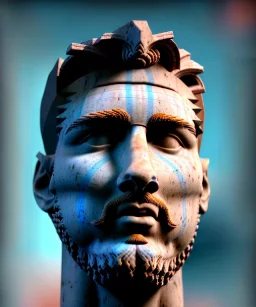 Ultra Realistic image, roman sculpture, marble deluxe material, Lionel Messi, Laurel leaves crown model, miguel angel style, chisel style, wide stripes blue and white paint, emperador, waist up portrait, cinematic lighting, God light, god rays, 4k resolution, smooth details, ornate details, soft lighting, unreal engine 5, sky background.