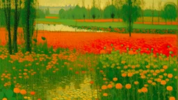 An olive green wetlands with fiery orange flowers painted by Georges Seurat