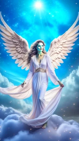 a white beautiful angel with wite wings traveling among the clouds and stars