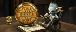 map of labyrinth contained in a glass ball with elemental sigils and symbols on a table beside a book called Rotten Riddles Age with weird illustrations, being read by an fluffy imp gremlin druid librarian in a cyber punk wheel chair in the style of Giger and Escher