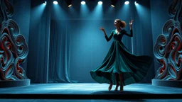 modern stage with gray-blue theme artistic decoration , color full dynamic lighting, a beautiful lady in modern maxy dark green dress with shining jwells dancing, 3D recursive fractal structure animating background