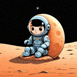 A whimsical digital illustration of a cartoonish astronaut, delicately rendered in soft pastel hues, sitting on a tiny, cratered moon, lost in thought as they stare out into the vast, starry expanse of empty space, their bright orange spacesuit a pop of color against the muted, celestial backdrop, with subtle texture and gentle shading adding depth to the minimalist composition, evoking a sense of wonder and contemplation, as if pondering the mysteries of the cosmos, amidst the eerie silence of