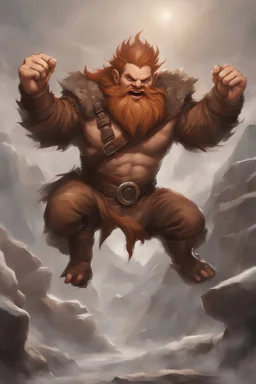 Create a angry dwarf jumping at the camera, fantasy, dungeons and dragons, wearing fantasy leather clothes, a giant brown mohawk