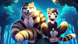 Two Girl, raccoon tail, raccoon ears, sit on tree, night time, forest, raccoon paws in foot, raccoon hand, raccoon legs.