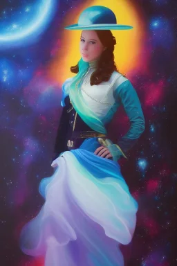 Full body portrait, painting, medium shot lady Spacecore midground volumetric magic spell