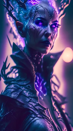 Kirlian Effect of a Sagittarius grand archer queen, captured by a Nikon D850, sci-fi color palette , soft dusk lighting casting a dreamy glow, gentle drizzle adding a touch of mystique mixed with ultra futuristic zombie punk