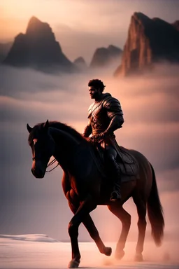 A handsome muscular man riding on a black horse in the ice mountains at sunset, forgotten realms fantasy style by lee jeffries, 8k, high detail, smooth render, unreal engine 5, cinema 4d, HDR, dust effect, vivid colors