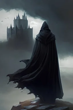 a back turned single male cloaked and hooded, wearing dark long robes floating with arms spread wide above a medieval keep, cloudy day