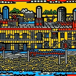 A factory near a big lake painted by Keith Haring