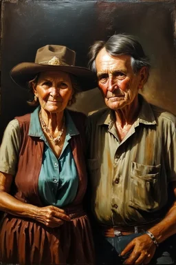 Color Portrait of an old Appalachian farmer couple early 1900s, beautiful painting with highly detailed face by greg rutkowski, Lee Jeffries, magali villanueve Modifiers: extremely detailed oil on canvas photorealistic