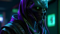 cyberpunk neoromancer and alien based 3D Print of an cyberpunk masked neuromancer dystopian mage, semi realistic human render, blender, ultra detailed, purple and green, Controlled Randomness, depth of vision, depth of field, sharpness 35%, Low Light Photography, Unreal Engine 5, OctaneRender, object illumination, ambient occlusion, metallic texture, static background, aesthetic, cyber, glossy, glow, bloom, surrealism,