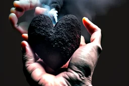 A hand made out of black smoke violently crushing an anatomically correct heart