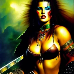 portrait oil on canvas, beautiful punk busty female Barbarian Warrior,green eyes, ,minimal armor,comic book cover, mystical colors,insanely detailed,realistic,intrincate detail, 16k resolution, masterpiece,Frank Frazetta,Alex Horley, Simon Bisley