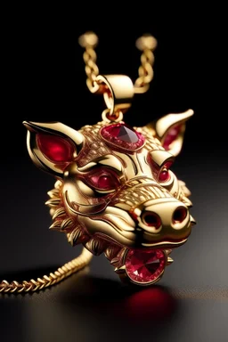 A pendant for a necklace, big Pumbaa from the lion king in gold with diamonds and big tusks with eyes made of ruby