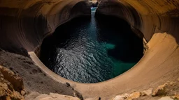 Fish-eye perspective from a climber's viewpoint inside a massive, C-shaped coastal cliff formation. Looking down into a large, natural amphitheater-like cove. The ocean dramatically waterfalls into the cove through the opening of the 'C'. The sky is only visible through this same opening. Dark, striated, curving cliff walls enclose the space. Turbulent ocean water below, deep blue and turquoise, with crashing waves. Photorealistic, 8k resolution, highly detailed, immense scale, enclosed feeling