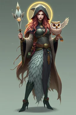 good low poly merman thief priest woman with long fur all over her entire body and bright aura and a nerd magical wizard fish owl