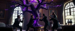 Some well dressed goths fighting each other with sticks to contain energy from floating chtonian dark purplish glowing snakelike tree grabbing them in dramatic scene in luxury parlour in the style of Giger and Escher