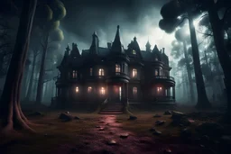3d rendered realistic scene surrealis horror mansion in the forest, cinematic, dramatic lighting