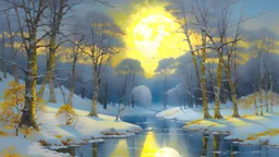 χιονισμενο Δασος από ελατα στην ακρη μιας λιμνης, ζωγραφική, νύχτα Χριστουγεννων, yellow moon