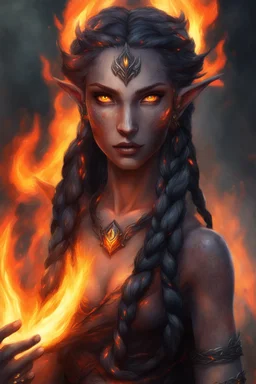 Fire Eladrin druid female. Hair is long and bright black part glows. Part of hair is braided and fire comes out from it. Big bright red eyes. Is generating fire with her hands and fire are coming our off them . Skin color is dark. Has a many big scar on face.