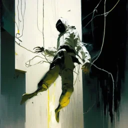 Minimal abstract oil paintings falling person limbs sinew. Wearing hazmat suit. concrete fragments architecture and hanging wires illuminated at night style of Justin Mortimer and Phil Hale and Ashley Wood