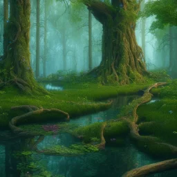 high-quality, fine-detail beautiful, breath-taking forest with gnarled trees, flowers, clear reflective lake, tranquil, stunning, 8k resolution, intricate, digital art, dreamworks, volumetric lighting unity engine