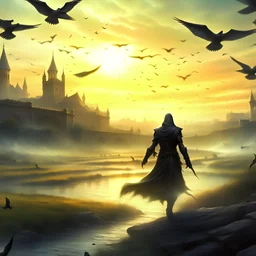 A human cultist following a demon while the demon is following a flock of sentient crows going towards a large medieval city