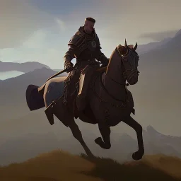 medieval knight traveling on a horse surrounded by mountains