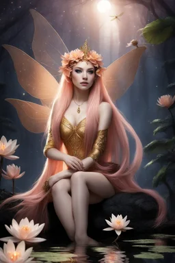 Peach hair , light peach hair, dark,night dark gold,gold,golden,rapunzel hair,dragonflies,water lilies, night,light,,butterflies,elven ears,dark fairy ,night sky,stars,princess,nymph,sparkle,glitter,orchids